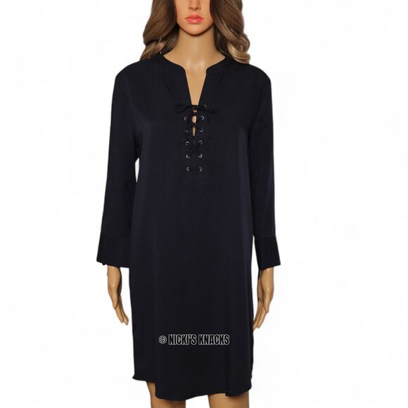 Theory Navy Blue Lace Up Tunic Dress Long Sleeve Mini Lightweight Tencel Size 6 - Picture 2 of 9